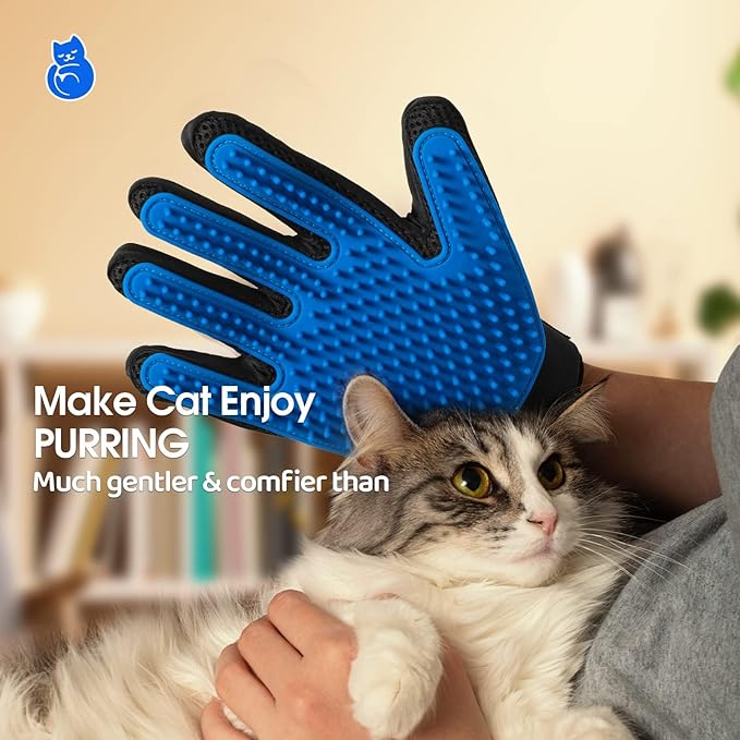 A person uses the Pet Grooming & Deshedding Glove – Gentle Hair Remover for Dogs & Cats with silicone tips to softly brush a calm white and gray cat, highlighting the glove's comfort for pets.