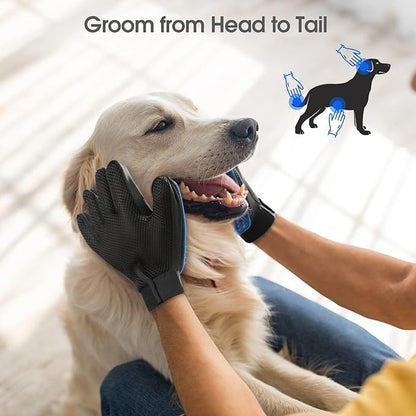 A person uses the Pet Grooming & Deshedding Glove – Gentle Hair Remover for Dogs & Cats with silicone tips to groom a happy golden retriever indoors. "Groom from Head to Tail" appears with an illustrated dog and sunlight streaming through a window.