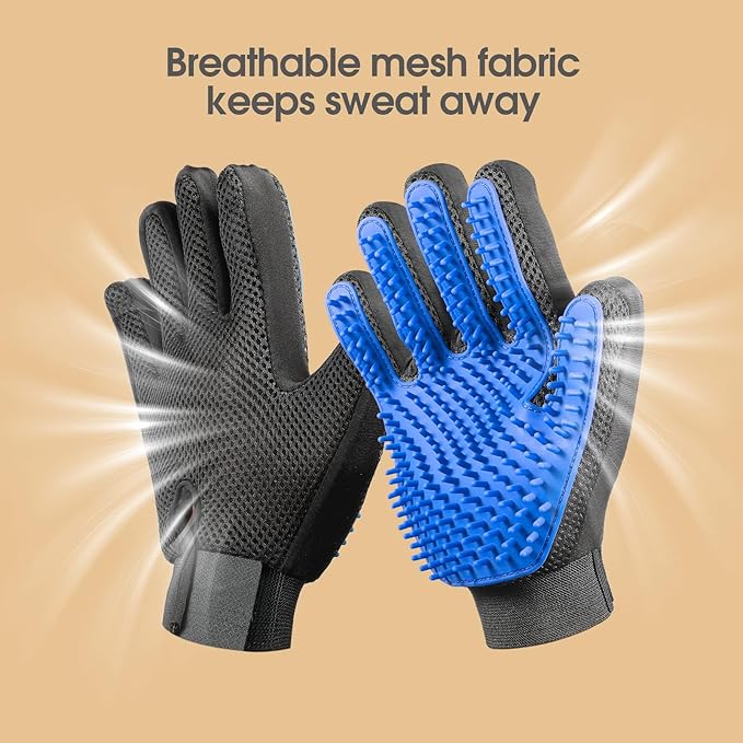 Two black Pet Grooming & Deshedding Gloves are shown, featuring blue silicone massage tips and soft bristles. Text above reads, "Breathable mesh fabric keeps sweat away," with light highlighting the glove’s features.