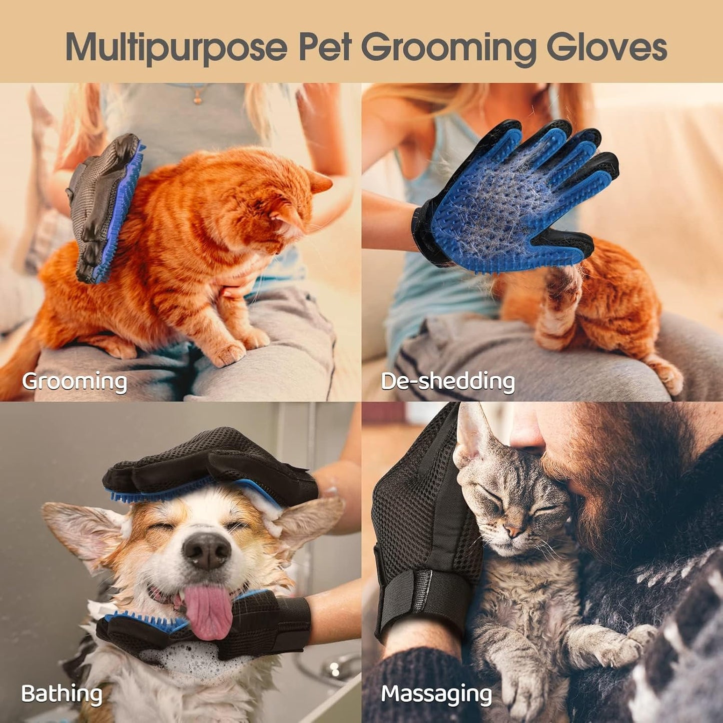 Collage of the Pet Grooming & Deshedding Glove – Gentle Hair Remover for Dogs & Cats, with silicone tips, shown grooming a cat, de-shedding fur, bathing a dog, and massaging a cat. Features blue-black glove in each pet care activity.
