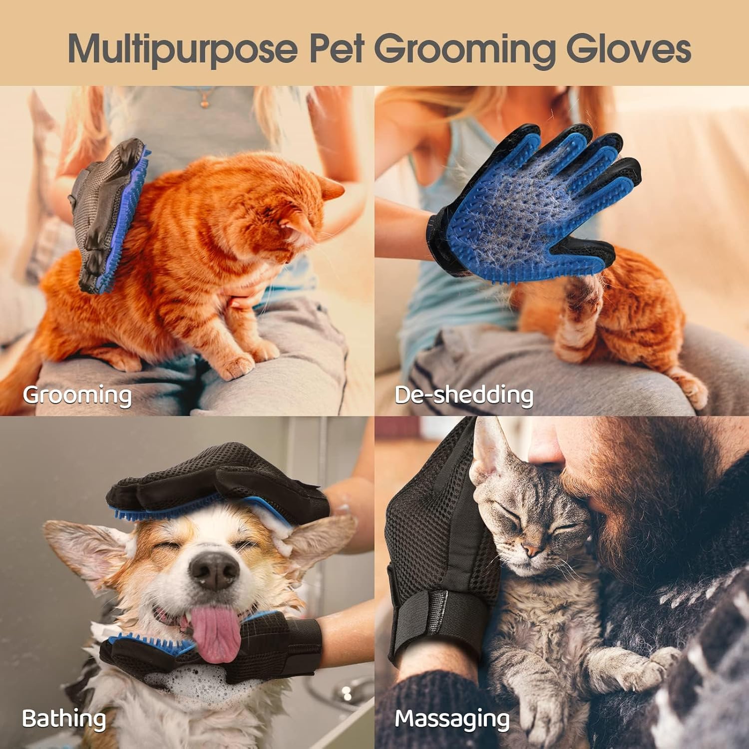 Collage of the Pet Grooming & Deshedding Glove – Gentle Hair Remover for Dogs & Cats, with silicone tips, shown grooming a cat, de-shedding fur, bathing a dog, and massaging a cat. Features blue-black glove in each pet care activity.