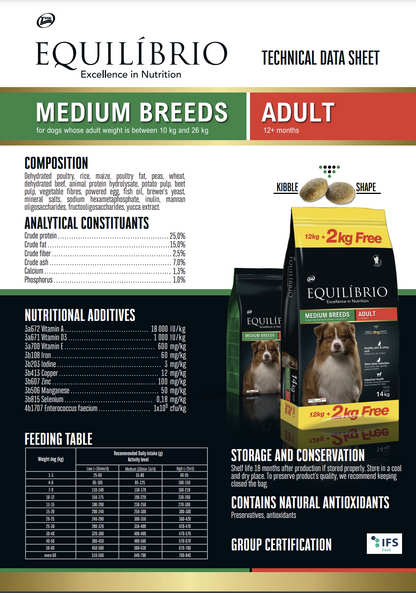 Equilibrio - Medium Breed, Adult Dry Dog Food, With Chicken - 2kg, 14kg