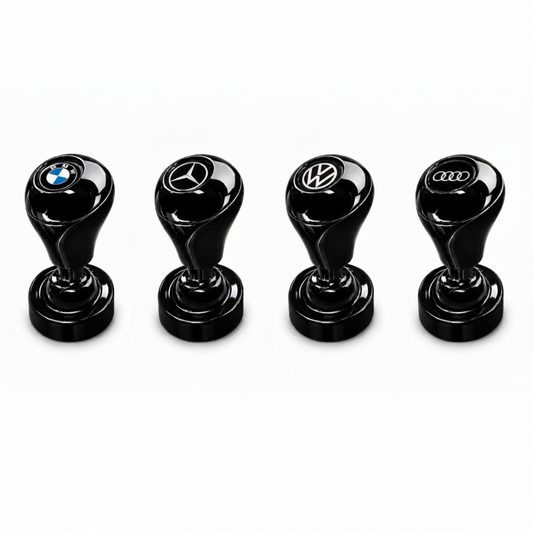 Four Car Start/Stop Button Joysticks, arranged in a row on a white background, feature BMW, Mercedes-Benz, Volkswagen, and Audi logos—making them unique luxury car interior accessories.