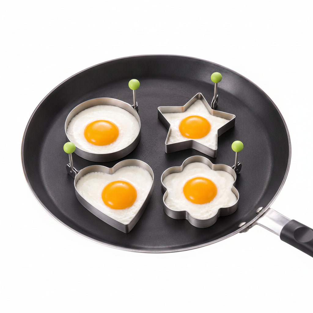 Stainless Steel Egg & Pancake Mold Set – 4 Shapes (Circle, Heart, Star & Flower)