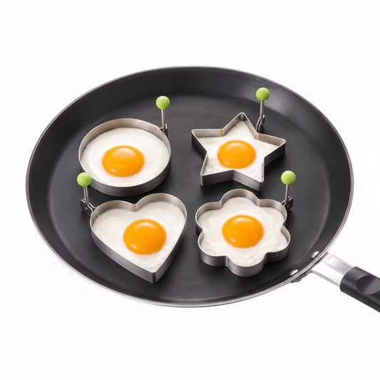 Stainless Steel Egg & Pancake Mold Set – 4 Shapes (Circle, Heart, Star & Flower)