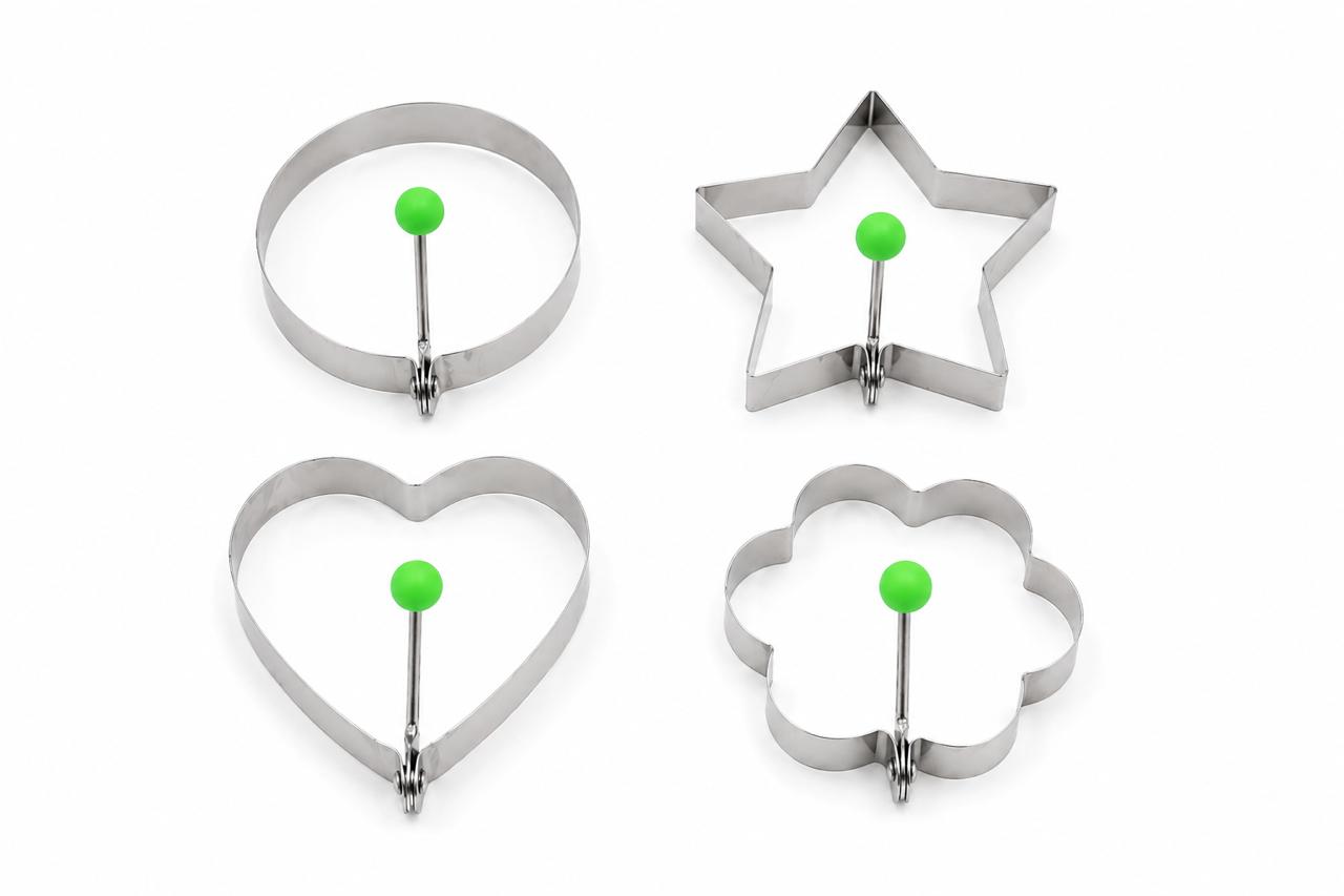 Stainless Steel Egg & Pancake Mold Set – 4 Shapes (Circle, Heart, Star & Flower)